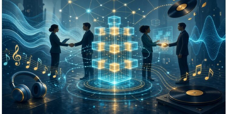 Profesionales estrechan manos junto a una estructura luminosa de cubos, rodeada de ondas, notas musicales y equipos de audio, con ciudad futurista al fondo, evocando colaboración digital y tecnología musical.