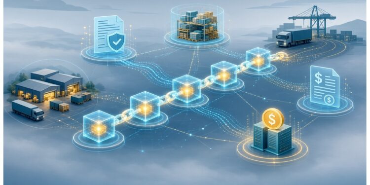 Mesa de trabajo con siete personas reunidas mientras cubos digitales conectados enlazan almacenes, camión, grúa portuaria, cajas y documentos, evocando trazabilidad y logística mediante tecnología blockchain.