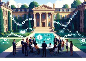 Personas reunidas en un patio universitario frente a un holograma de MBA rodeado de íconos digitales conectados, simbolizando educación empresarial y colaboración tecnológica.