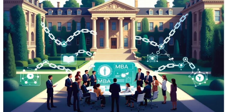 Personas reunidas en un patio universitario frente a un holograma de MBA rodeado de íconos digitales conectados, simbolizando educación empresarial y colaboración tecnológica.