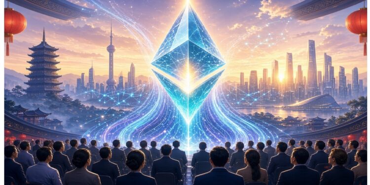 Auditorio con personas frente a un gran símbolo de Ethereum luminoso, con patrones digitales y una mezcla de arquitectura asiática tradicional y ciudad futurista al fondo, evocando innovación y conexión global.