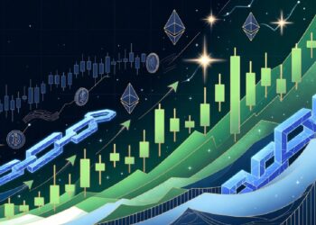 Gráficos verdes ascendentes con velas de mercado junto a símbolos de Bitcoin y Ethereum y una cadena de bloques azul, evocando crecimiento cripto y tecnología blockchain.