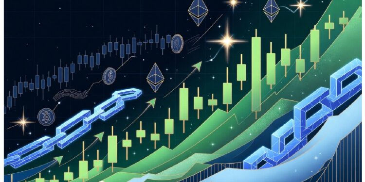 Gráficos verdes ascendentes con velas de mercado junto a símbolos de Bitcoin y Ethereum y una cadena de bloques azul, evocando crecimiento cripto y tecnología blockchain.