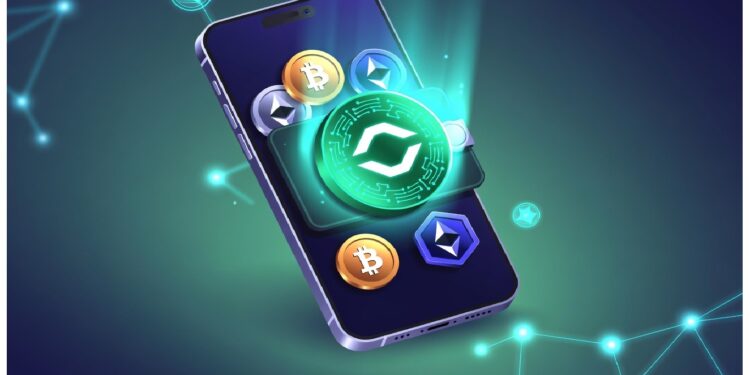 Smartphone rodeado de símbolos de criptomonedas como Bitcoin y Ethereum, con una moneda verde luminosa al centro y red de nodos digitales, representando transacciones móviles en blockchain.
