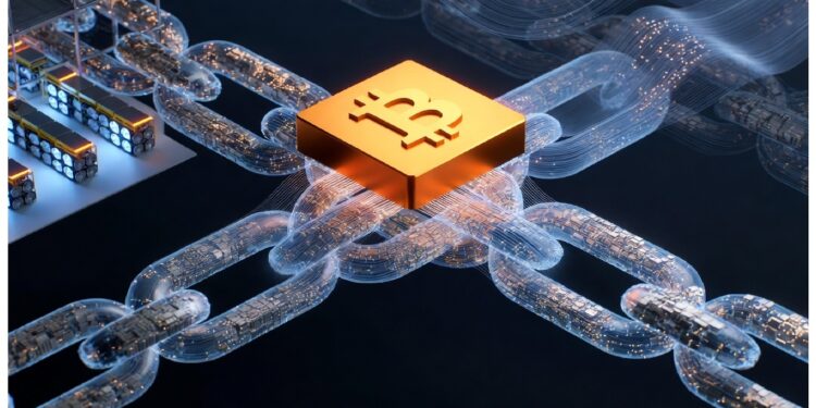 Cubo dorado con símbolo de Bitcoin conectado a cadenas digitales luminosas sobre fondo oscuro, representando una red blockchain y el flujo descentralizado de datos.