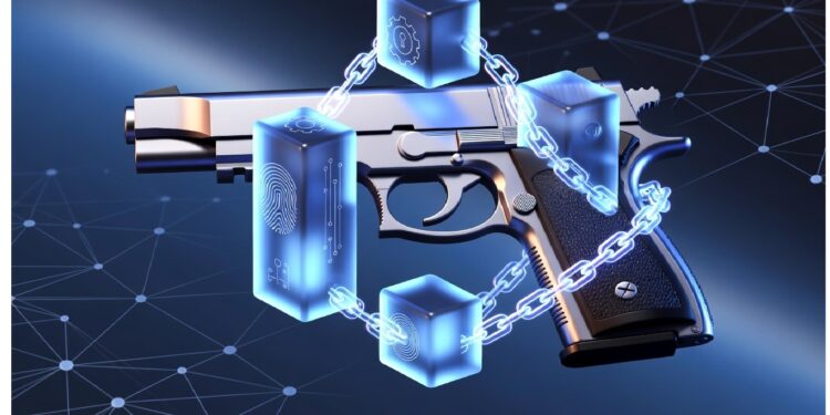 Pistola metálica rodeada por una cadena de bloques luminosa en tonos azul y turquesa, con íconos digitales como huella y engranaje, simbolizando seguridad tecnológica aplicada a armas.