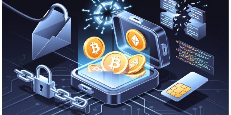 Billetera digital abierta con monedas de Bitcoin y Ethereum, rodeada de íconos de seguridad, chip, candado y redes, representando transacciones cripto y protección en finanzas descentralizadas.