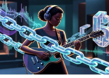 Persona tocando guitarra eléctrica con audífonos, rodeada de cadenas digitales y ondas luminosas, evocando la fusión entre música, creatividad y tecnología conectada.