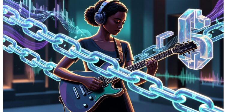 Persona tocando guitarra eléctrica con audífonos, rodeada de cadenas digitales y ondas luminosas, evocando la fusión entre música, creatividad y tecnología conectada.