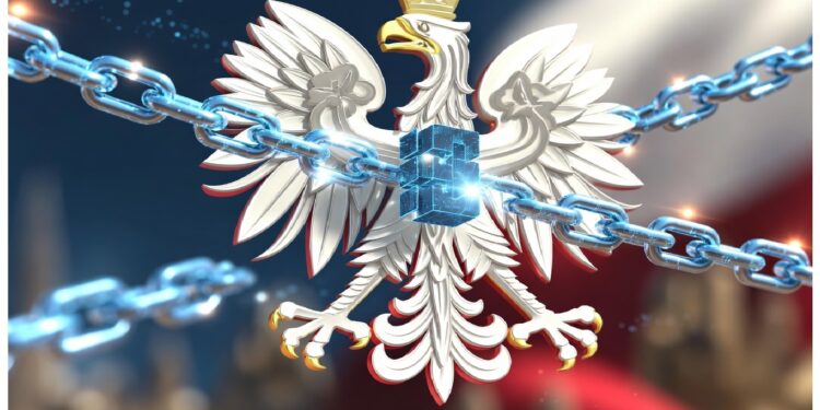Águila blanca coronada con alas extendidas atravesada por cadena azul metálica unida a cubo luminoso central, sobre fondo difuminado en tonos rojo y blanco que evoca identidad nacional.