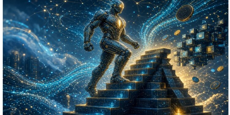 Figura humanoide metálica asciende una pirámide digital luminosa rodeada de flujos de datos, formas geométricas y monedas flotantes en tonos azul y dorado, evocando avance tecnológico y energía digital.
