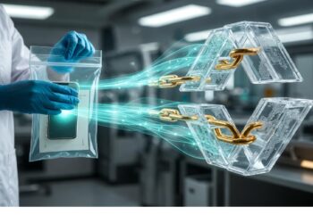 Manos con guantes sostienen bolsa con móvil del que emergen flujos digitales hacia eslabones metálicos brillantes en laboratorio, evocando conexión segura entre dispositivos y sistemas cifrados.