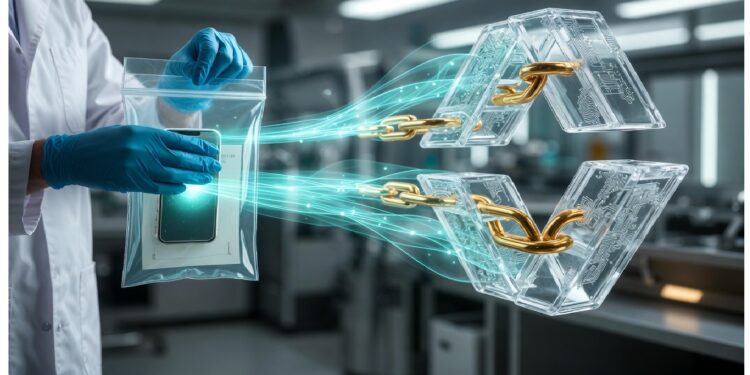 Manos con guantes sostienen bolsa con móvil del que emergen flujos digitales hacia eslabones metálicos brillantes en laboratorio, evocando conexión segura entre dispositivos y sistemas cifrados.