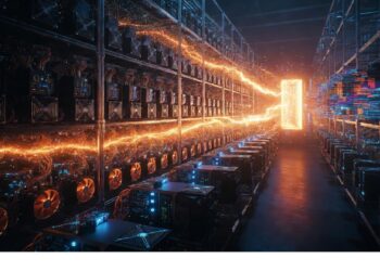 Centro de datos futurista con filas de equipos y un flujo naranja brillante que atraviesa la sala hacia un portal luminoso, evocando potencia computacional y transferencia digital intensa.