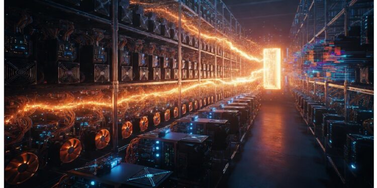 Centro de datos futurista con filas de equipos y un flujo naranja brillante que atraviesa la sala hacia un portal luminoso, evocando potencia computacional y transferencia digital intensa.