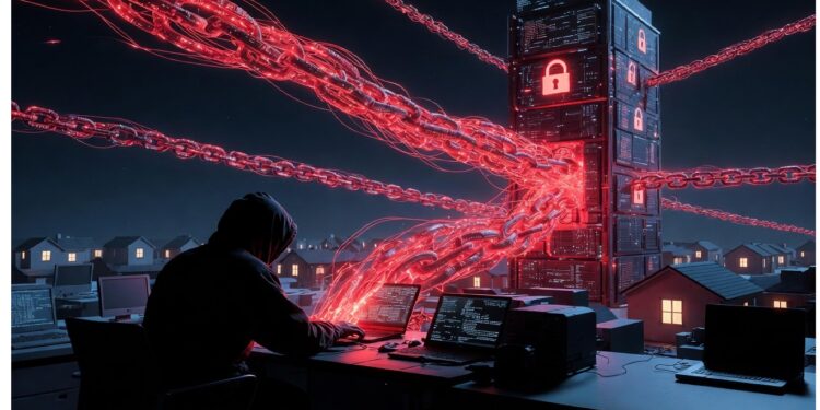Persona encapuchada ante varios monitores conectados por cadenas digitales rojas a torre distante con iconos de candado, evocando tensión entre vigilancia, seguridad y riesgo cibernético.