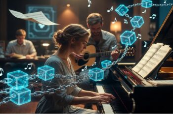 Personas en sala cálida tocan piano y guitarra mientras cubos azules conectados y notas flotantes rodean al pianista, evocando cruce entre creación musical y tecnologías digitales.