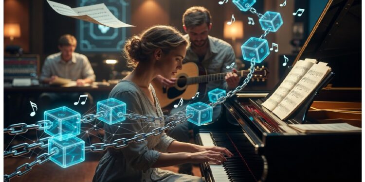 Personas en sala cálida tocan piano y guitarra mientras cubos azules conectados y notas flotantes rodean al pianista, evocando cruce entre creación musical y tecnologías digitales.