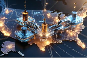 Mapa de Estados Unidos con líneas y nodos brillantes, cadenas metálicas y candados superpuestos, evocando infraestructura tecnológica interconectada y énfasis en seguridad digital.