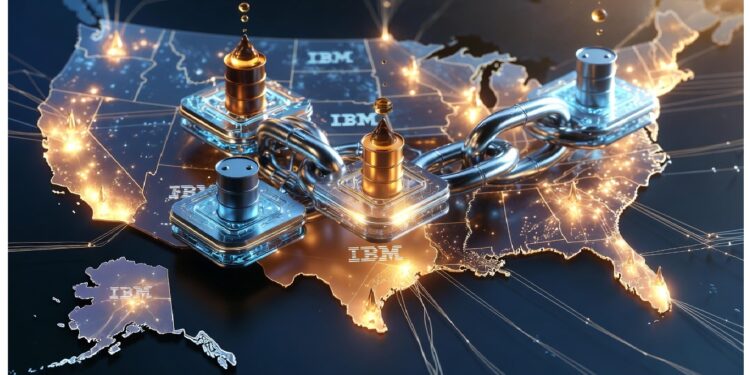 Mapa de Estados Unidos con líneas y nodos brillantes, cadenas metálicas y candados superpuestos, evocando infraestructura tecnológica interconectada y énfasis en seguridad digital.