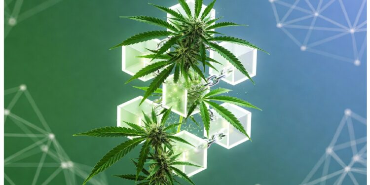 Plantas de cannabis integradas con cubos geométricos luminosos sobre fondo azul‑verde con líneas de red, simbolizando la unión entre biotecnología y sistemas digitales.