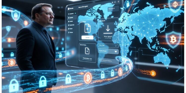 Persona de traje en entorno tecnológico con hologramas de mapa global, nodos, candados y símbolos de Bitcoin, evocando seguridad digital y gestión de datos en sistemas conectados.