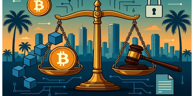 Balanza dorada con símbolo de Bitcoin frente a una ciudad moderna, acompañada de gavel, candado y patrones digitales, evocando equilibrio entre criptomonedas, ley y seguridad tecnológica.