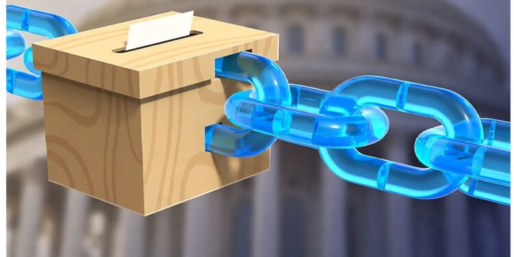 Urna de votación de madera atravesada por cadena digital azul que simboliza blockchain, con edificio gubernamental difuminado al fondo, representando votación segura y sistemas electorales digitales.
