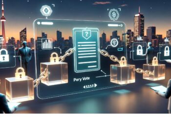 Personas con tabletas rodean interfaz holográfica con cubos conectados y candados junto a formulario central, evocando procesos digitales seguros en entorno urbano al anochecer.