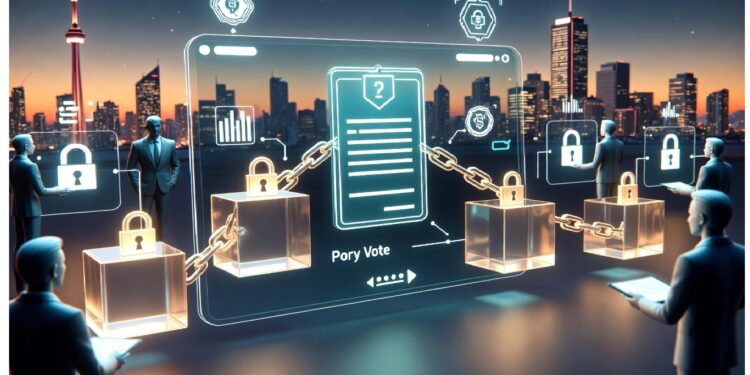 Personas con tabletas rodean interfaz holográfica con cubos conectados y candados junto a formulario central, evocando procesos digitales seguros en entorno urbano al anochecer.