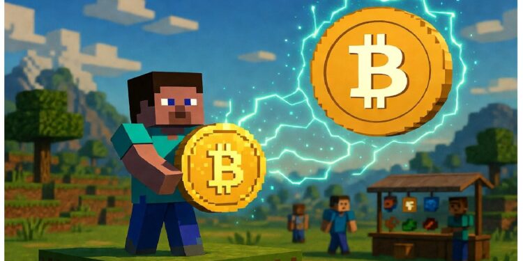 Escena estilo Minecraft con personaje sosteniendo moneda Bitcoin dorada y otra flotando con energía azul, en un mercado al aire libre con montañas y árboles, simbolizando cripto en mundos virtuales.