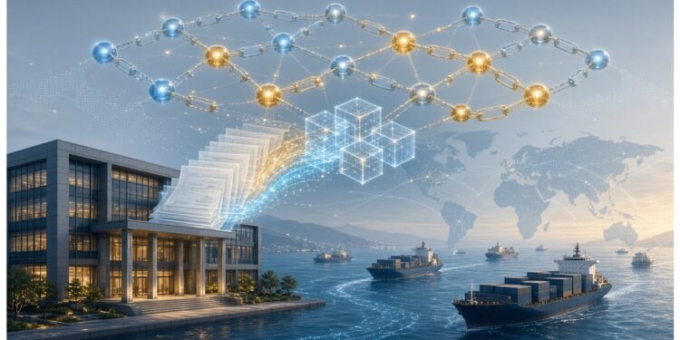 Edificio moderno con columnas conectado a flujos digitales que enlazan nodos y cubos luminosos, mientras barcos de carga navegan frente a un mapa mundial, evocando comercio global y tecnología logística.