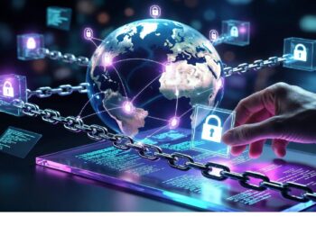 Mano interactúa con interfaz transparente frente a globo rodeado de cadenas luminosas y candados, evocando protección de datos y redes digitales seguras a escala global.