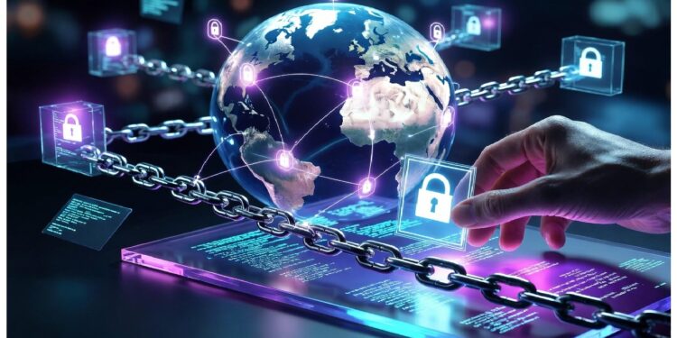Mano interactúa con interfaz transparente frente a globo rodeado de cadenas luminosas y candados, evocando protección de datos y redes digitales seguras a escala global.