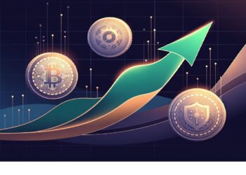 Tres monedas de criptomonedas, incluida Bitcoin, junto a una flecha verde ascendente sobre fondo digital oscuro, simbolizando crecimiento del mercado y tendencias tecnológicas.