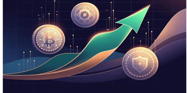 Tres monedas de criptomonedas, incluida Bitcoin, junto a una flecha verde ascendente sobre fondo digital oscuro, simbolizando crecimiento del mercado y tendencias tecnológicas.
