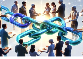 Grupo de personas reunidas alrededor de una cadena digital luminosa en tonos azul y turquesa, sobre un fondo de nodos conectados, simbolizando colaboración y redes tecnológicas.