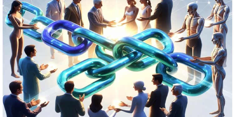 Grupo de personas reunidas alrededor de una cadena digital luminosa en tonos azul y turquesa, sobre un fondo de nodos conectados, simbolizando colaboración y redes tecnológicas.