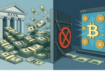 Edificio bancario clásico con billetes volando a la izquierda y pantalla digital con símbolos de Bitcoin a la derecha, separados por una reja con señal de prohibición, contrastando banca tradicional y cripto.