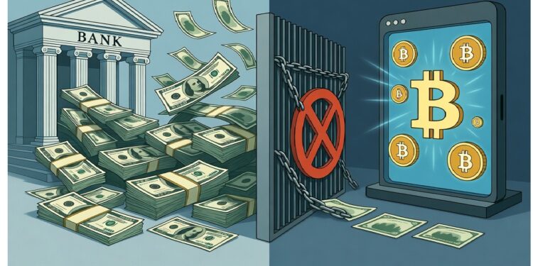 Edificio bancario clásico con billetes volando a la izquierda y pantalla digital con símbolos de Bitcoin a la derecha, separados por una reja con señal de prohibición, contrastando banca tradicional y cripto.
