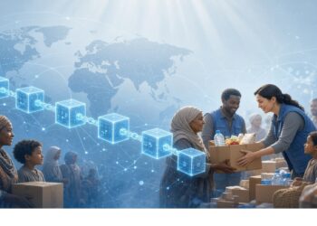Personas entregan cajas de ayuda y agua mientras un mapa mundial con cubos digitales conectados brilla al fondo, evocando distribución humanitaria y trazabilidad tecnológica en operaciones globales.