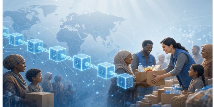 Personas entregan cajas de ayuda y agua mientras un mapa mundial con cubos digitales conectados brilla al fondo, evocando distribución humanitaria y trazabilidad tecnológica en operaciones globales.