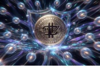 Moneda metálica con símbolo cripto dentro de un escudo digital, rodeada de partículas luminosas y destellos futuristas que representan seguridad blockchain y protección tecnológica.