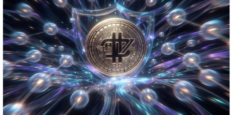 Moneda metálica con símbolo cripto dentro de un escudo digital, rodeada de partículas luminosas y destellos futuristas que representan seguridad blockchain y protección tecnológica.