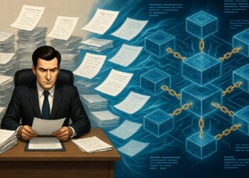 Persona revisando montones de documentos en un escritorio mientras bloques digitales encadenados brillan a la derecha, contrastando procesos manuales con gestión de datos en blockchain.