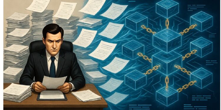 Persona revisando montones de documentos en un escritorio mientras bloques digitales encadenados brillan a la derecha, contrastando procesos manuales con gestión de datos en blockchain.