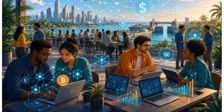 Personas colaboran en mesas al aire libre con laptops mientras gráficos holográficos de criptomonedas, nodos y datos flotan sobre los dispositivos, con una ciudad futurista junto al agua al fondo.