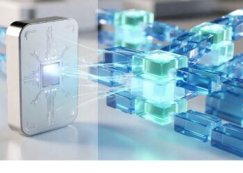 Dispositivo metálico emitiendo haces de luz hacia red de cubos azules translúcidos conectados, evocando transferencia de datos y flujo seguro entre hardware y estructura digital.