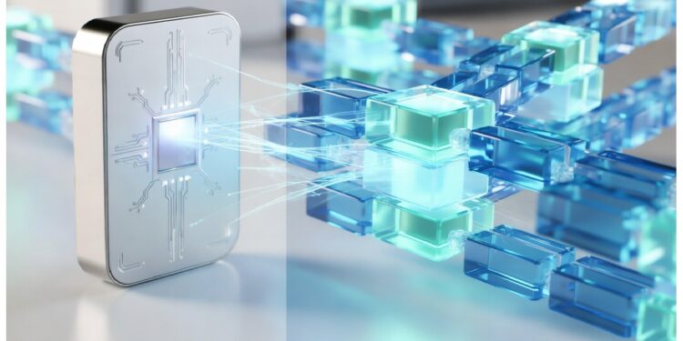 Dispositivo metálico emitiendo haces de luz hacia red de cubos azules translúcidos conectados, evocando transferencia de datos y flujo seguro entre hardware y estructura digital.
