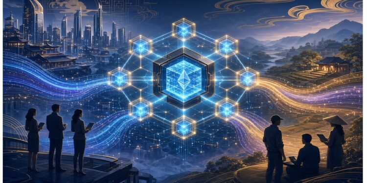 Estructura geométrica luminosa con símbolo de Ethereum conectada por flujos de luz entre una ciudad moderna y un paisaje natural, con siluetas observando la interacción entre tecnología y entorno.